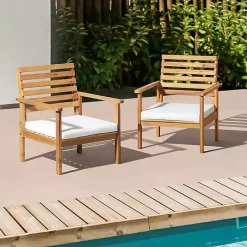 New Kirklands Home Acacia White Cushioned Outdoor Chairs, Set of 2