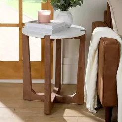 Discount Kirklands Home Allen Wood and Marble Round Side Table White