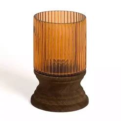 Kirklands Home Amber Glass and Wood Hurricane, 8 in. Brown