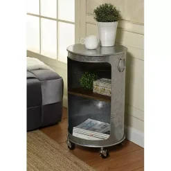 Kirklands Home Antique Round Rolling Galvanized Accent Table Gray