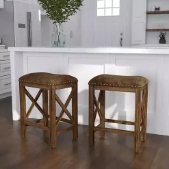 Hot Kirklands Home Antique Walnut Faux Leather Stools, Set of 2 Brown