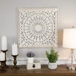New Kirklands Home Antique Floral Mandala Square Wall Plaque White