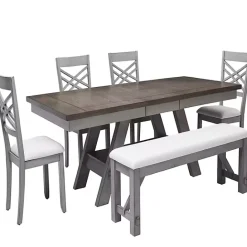 Kirklands Home Antique Upholstered Gray Wood Dining Bench White