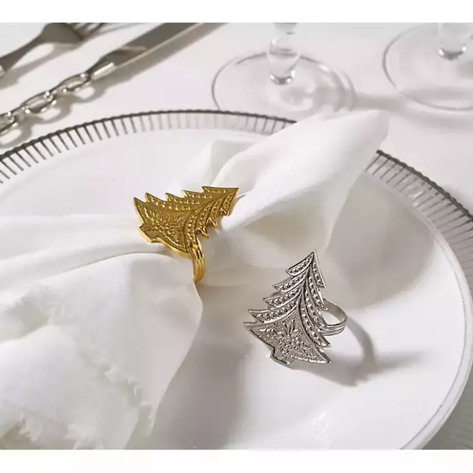 Sale Kirklands Home Art Deco Christmas Tree Napkin Rings, Set of 4 Silver