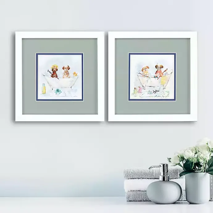 Clearance Kirklands Home Bathtub Pups Framed Art Prints, Set of 2