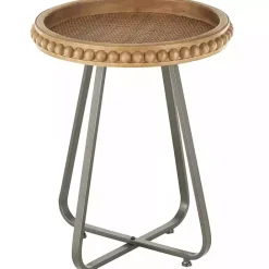 Kirklands Home Beaded Wood Rattan Round Accent Table Brown