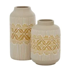 Kirklands Home Beige and Yellow Acanthus Print Vases, Set of 2