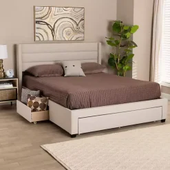 New Kirklands Home Beige Braylon Upholstered 3-Drawer Queen Bed Tan