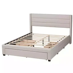 New Kirklands Home Beige Braylon Upholstered 3-Drawer Queen Bed Tan
