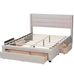 New Kirklands Home Beige Braylon Upholstered 3-Drawer Queen Bed Tan