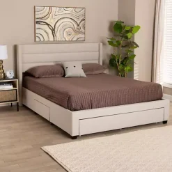 New Kirklands Home Beige Braylon Upholstered 3-Drawer Queen Bed Tan