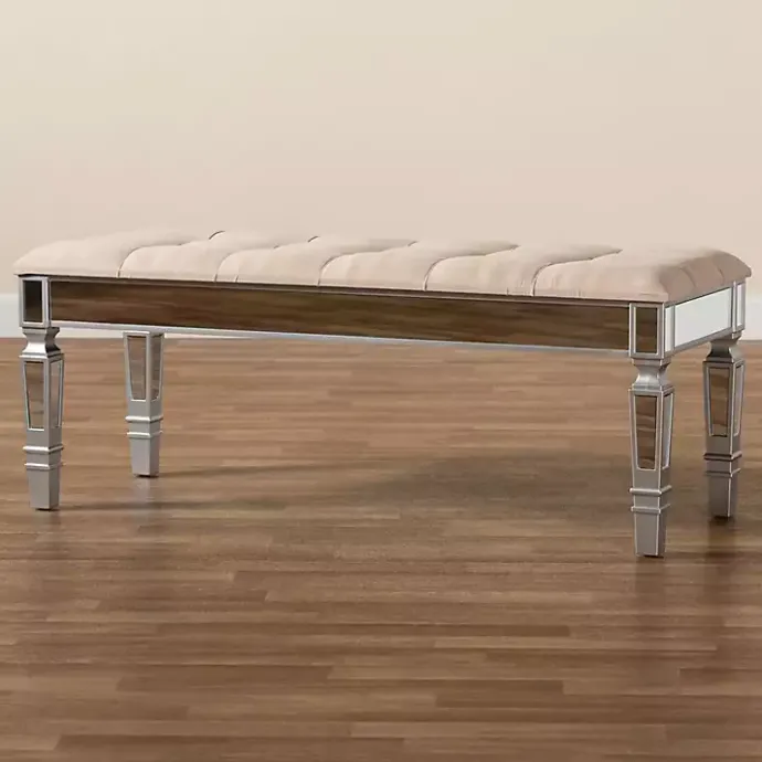 Clearance Kirklands Home Beige Button Tufted Bench with Mirrored Base Tan