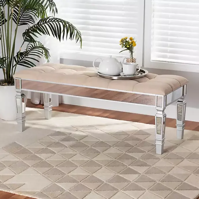Clearance Kirklands Home Beige Button Tufted Bench with Mirrored Base Tan