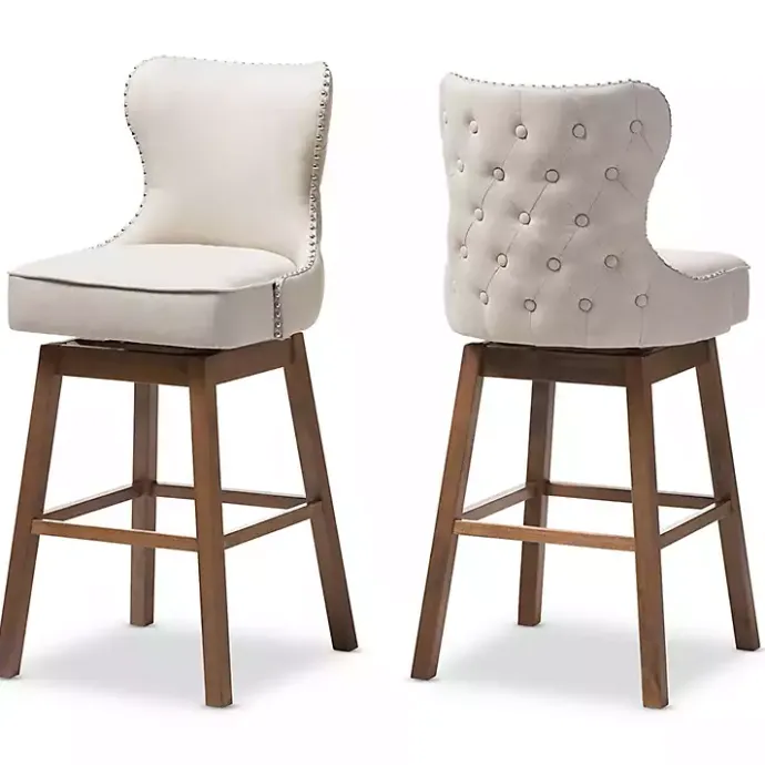 Discount Kirklands Home Beige Button Tufted Swivel Bar Stools, Set of 2 Ivory