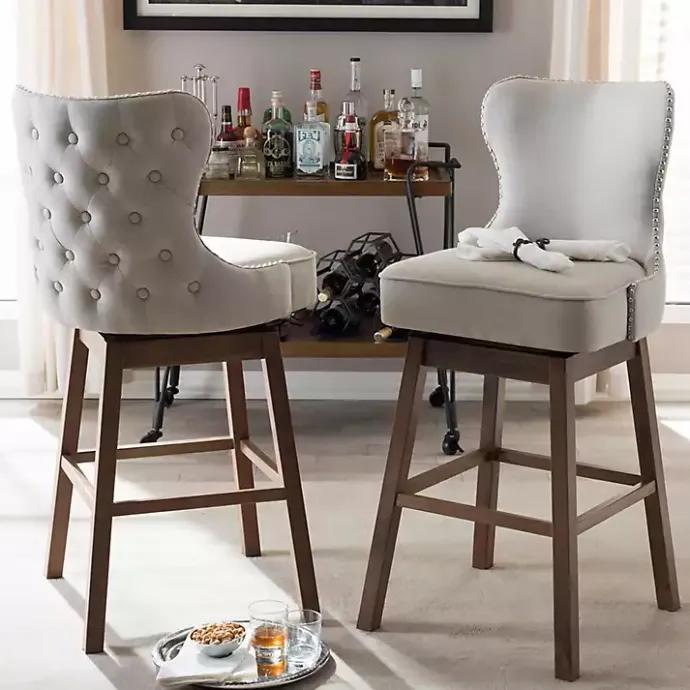 Discount Kirklands Home Beige Button Tufted Swivel Bar Stools, Set of 2 Ivory