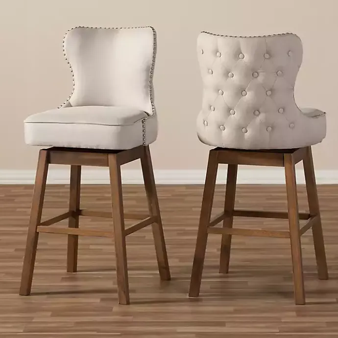 Discount Kirklands Home Beige Button Tufted Swivel Bar Stools, Set of 2 Ivory