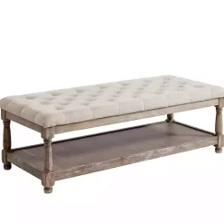 New Kirklands Home Beige Tufted Linen and Wood Bench Tan