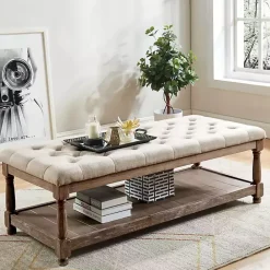 New Kirklands Home Beige Tufted Linen and Wood Bench Tan