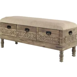 Discount Kirklands Home Beige Upholstered Acanthus Carved Wooden Bench Tan
