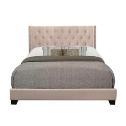 Hot Kirklands Home Beige Upholstered Button Tufted Wing Queen Bed Tan
