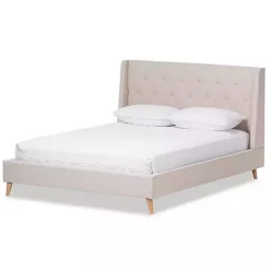 Discount Kirklands Home Beige Upholstered Wingback Queen Platform Bed Ivory