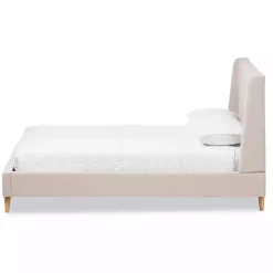 Discount Kirklands Home Beige Upholstered Wingback Queen Platform Bed Ivory