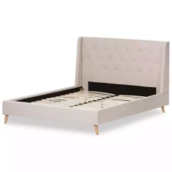 Discount Kirklands Home Beige Upholstered Wingback Queen Platform Bed Ivory
