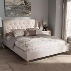 Discount Kirklands Home Beige Upholstered Wingback Queen Platform Bed Ivory