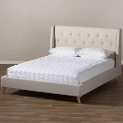 Discount Kirklands Home Beige Upholstered Wingback Queen Platform Bed Ivory