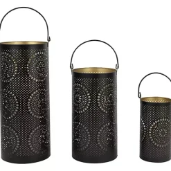 Outlet Kirklands Home and Gold Laser Cut Floral Lanterns, Set of 3 Black