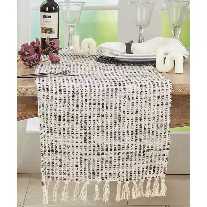 Best Kirklands Home Black and Ivory Woven Stripe Table Runner
