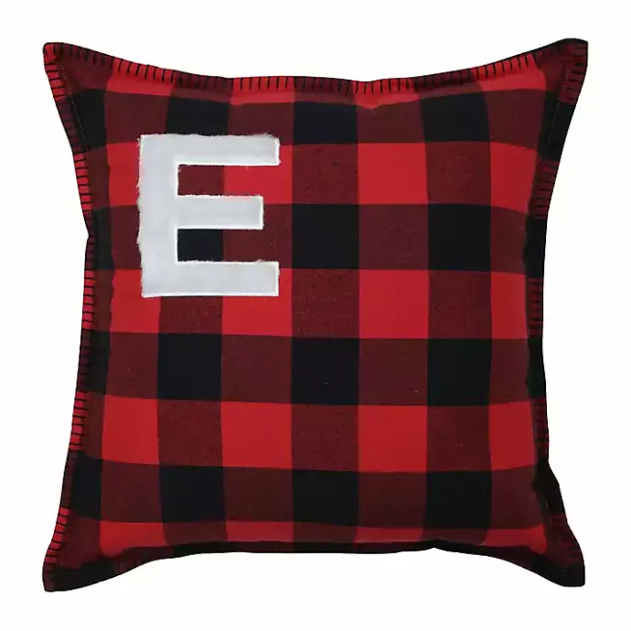 Outlet Kirklands Home Black and Red Buffalo Plaid Monogram E Pillow