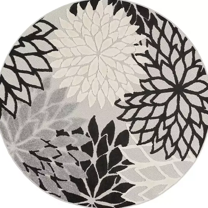 Best Kirklands Home Black and White Floral Round Outdoor Area Rug, 5x5
