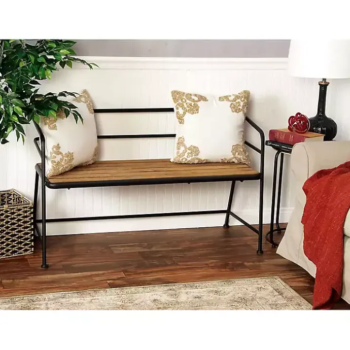 Outlet Kirklands Home Black Iron and Wooden Seat Industrial Bench