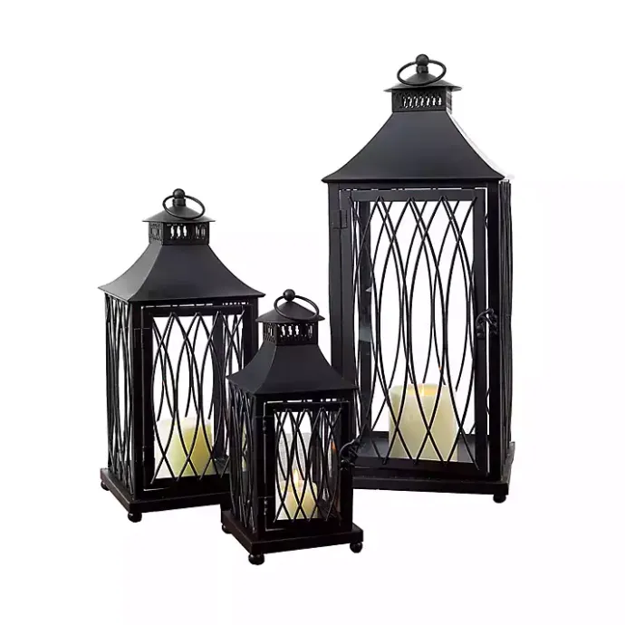 Sale Kirklands Home Metal Lanterns with Top Handles, Set of 3 Black