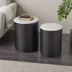 New Kirklands Home Black Metal Marble Nesting Accent Tables, Set of 2 White