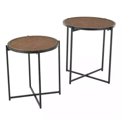 New Kirklands Home Black Metal Rattan Accent Tables, Set of 2 Brown