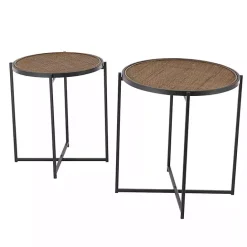 New Kirklands Home Black Metal Rattan Accent Tables, Set of 2 Brown