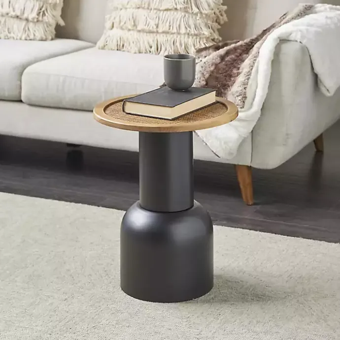 Best Kirklands Home Black Metal Rattan Pedestal Accent Table, 16 in. Brown