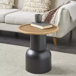 Online Kirklands Home Black Metal Rattan Pedestal Accent Table, 19 in. Brown