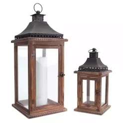 Online Kirklands Home Black Metal Top Wood Lanterns, Set of 2