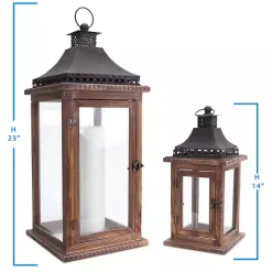 Online Kirklands Home Black Metal Top Wood Lanterns, Set of 2