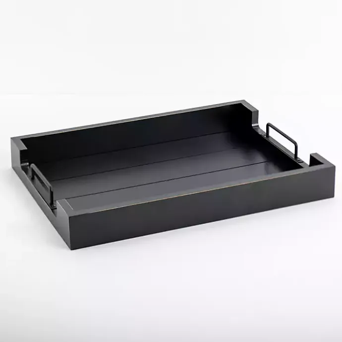 Outlet Kirklands Home Slatted Wood & Metal Handles Tray Black