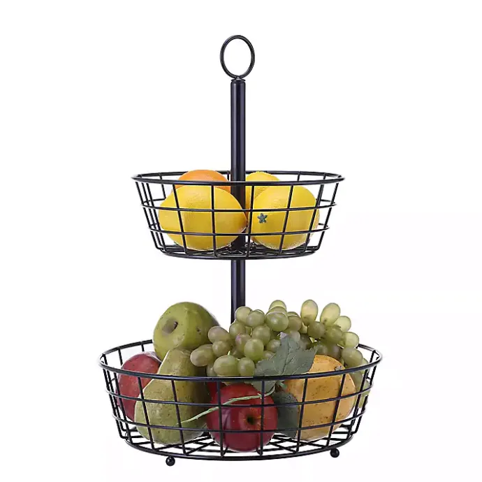 Kirklands Home Steel Two-Tier Fruit Basket Black
