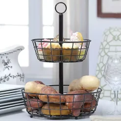 Kirklands Home Steel Two-Tier Fruit Basket Black
