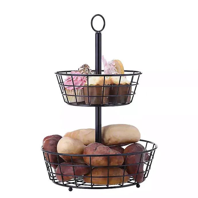 Kirklands Home Steel Two-Tier Fruit Basket Black