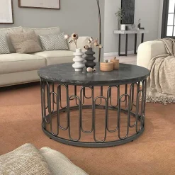 Sale Kirklands Home Stone and Metal Geometric Coffee Table Black