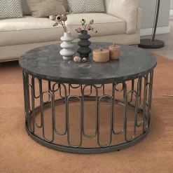 Sale Kirklands Home Stone and Metal Geometric Coffee Table Black