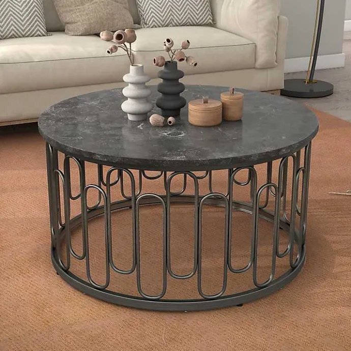 Sale Kirklands Home Stone and Metal Geometric Coffee Table Black