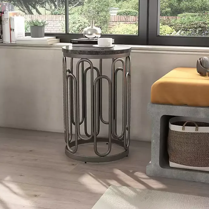 Hot Kirklands Home Stone and Metal Geometric Accent Table Black